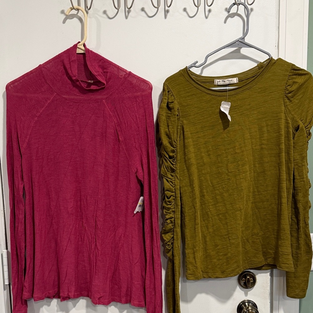 NEW Free People Fuchsia Turtleneck & Olive Ruched-Sleeve Long-Sleeves (Two-Pack)